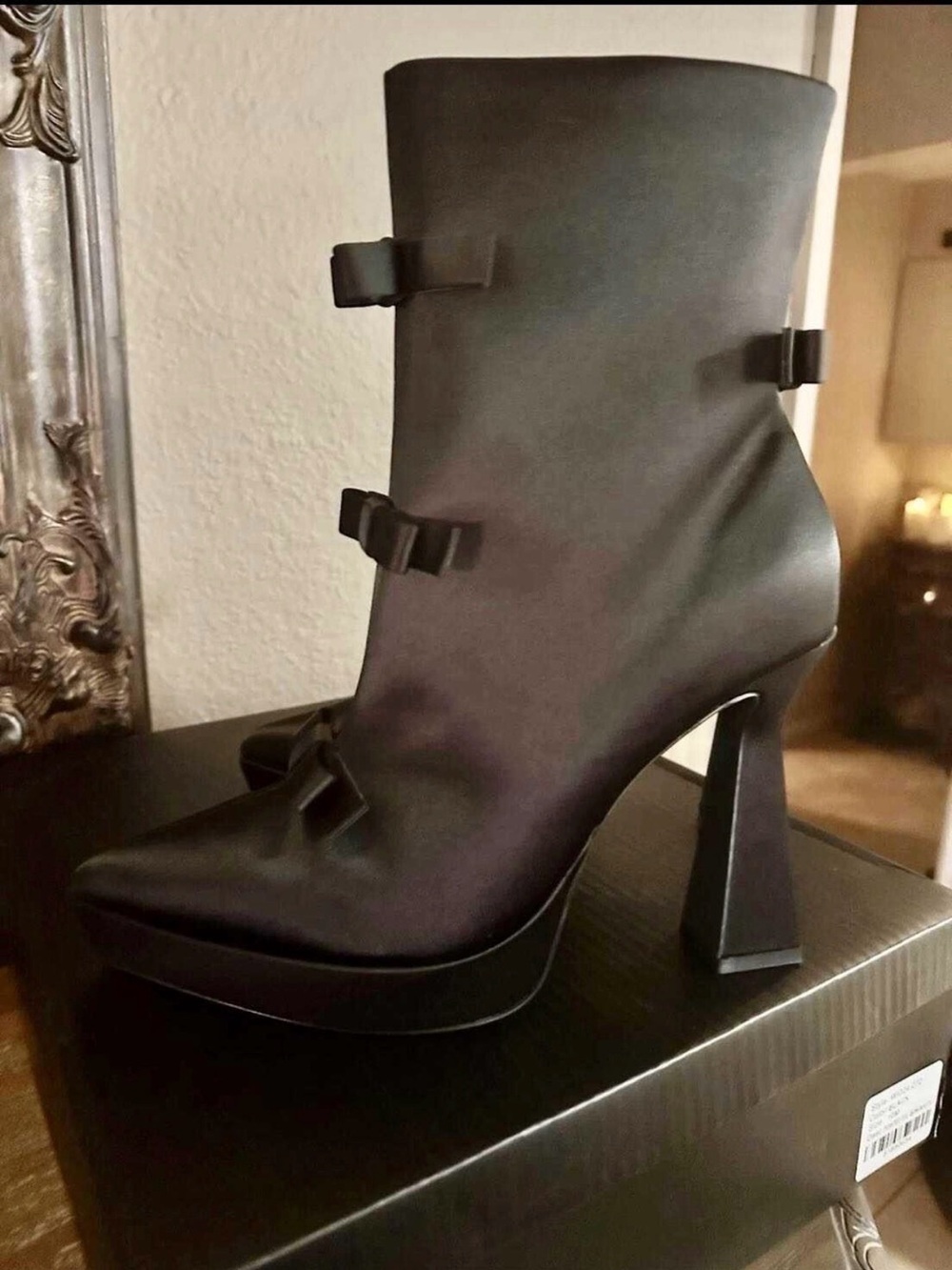 DOLLS KILL 10 Black Satin Bow Accent High-Heel Ankle Boots